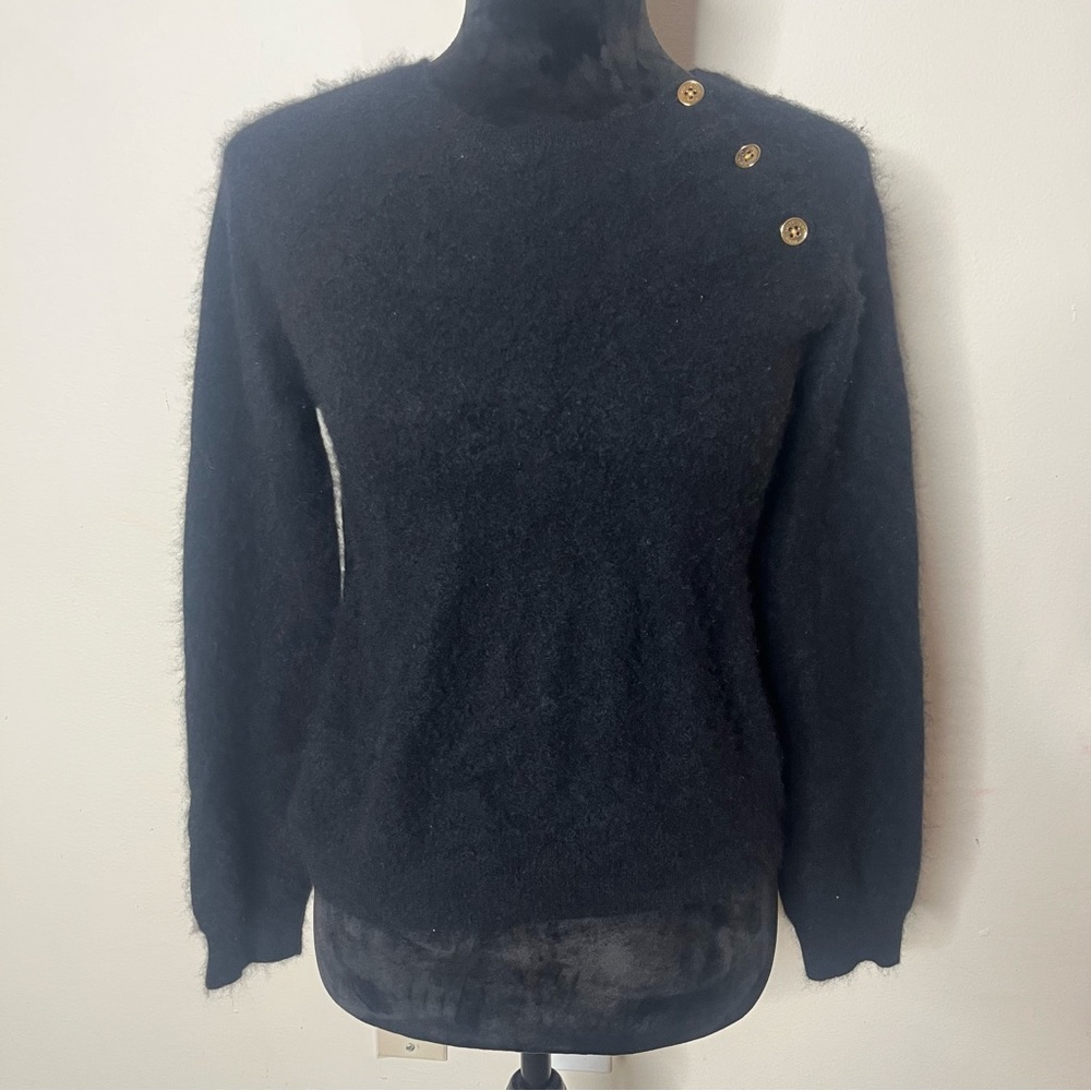 Ralph Lauren Women’s Black Fuzzy Cashmere‎ Crewneck Gold Buttons Knit Sweater L